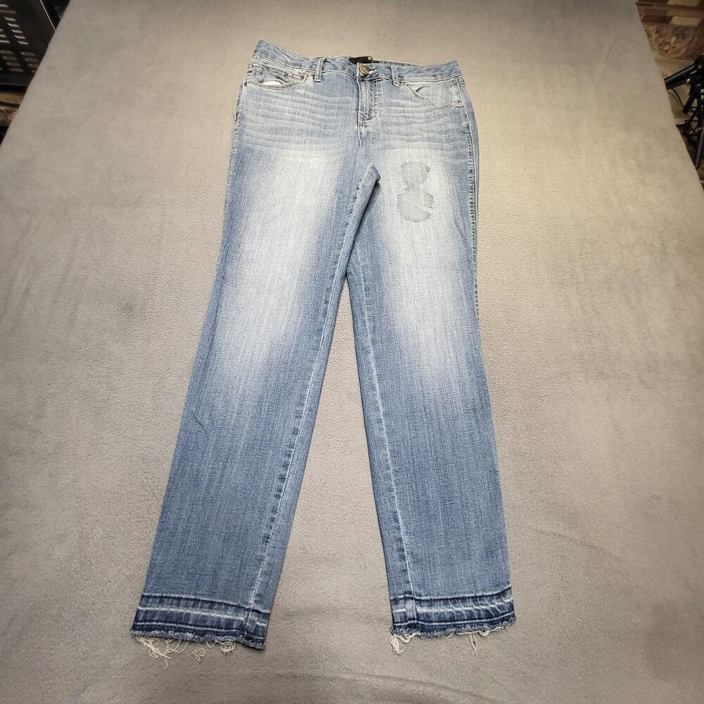 1822 Denim Jeans Womens 10 Blue Straight Leg Frayed Hem Distressed Patch Denim